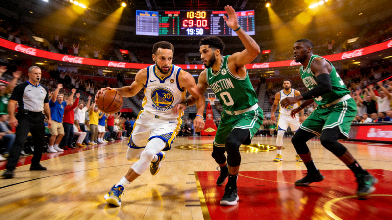 NBA总决赛第五场勇士队与凯尔特人队激烈对抗的赛场瞬间